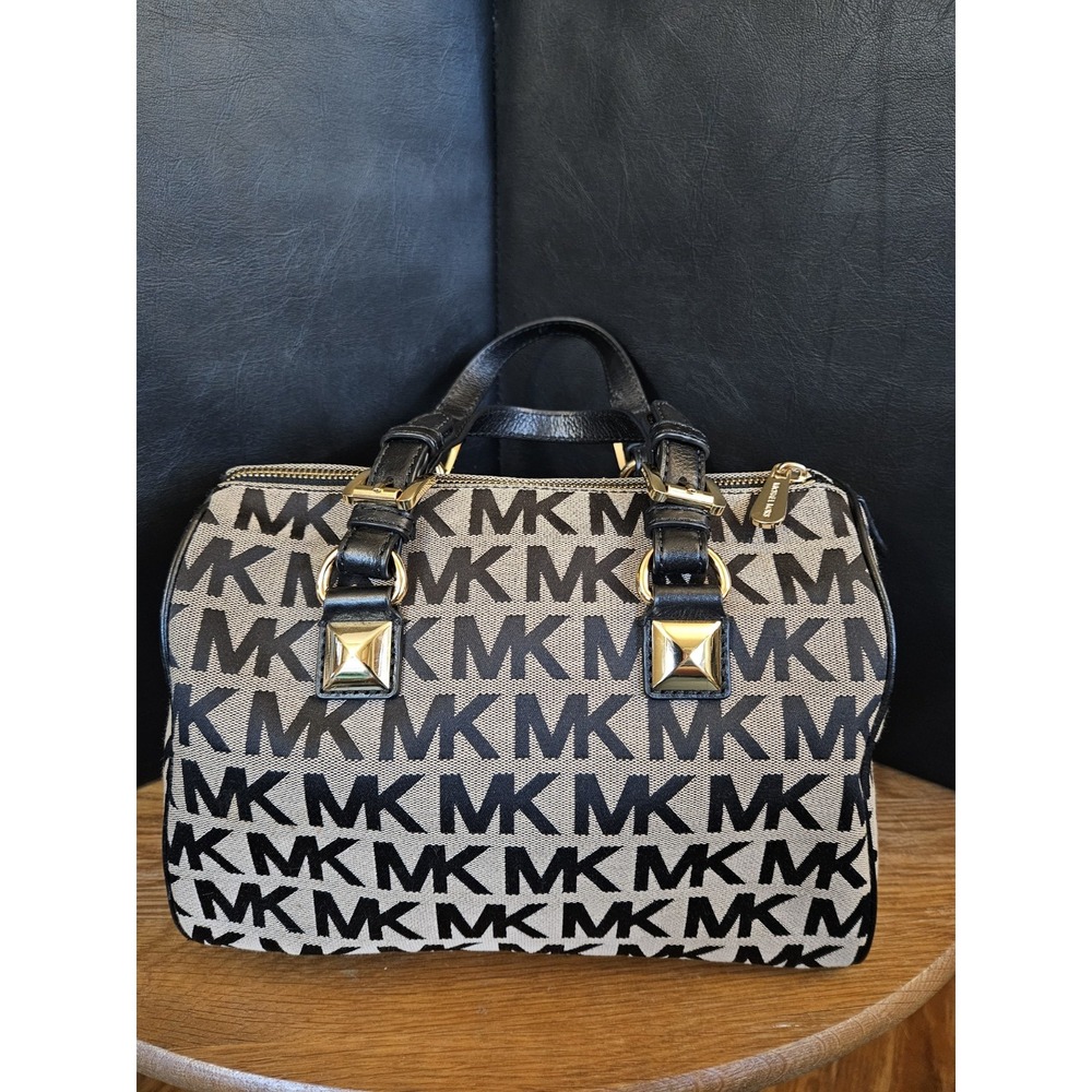 Michael Kors MK Signature Jacquard Satchel Black Beige Gold Hardware Handbag - Picture 7 of 9
